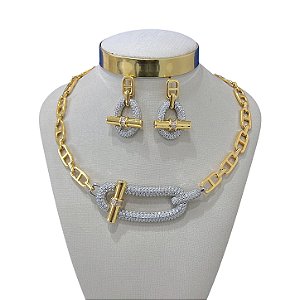Conjunto Folheado Dois Banhos Inspired Trava Cravejado