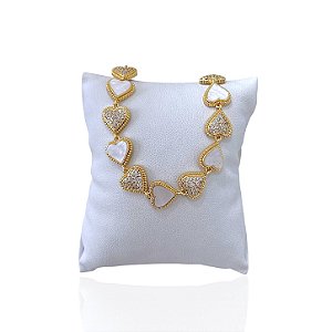 Pulseira Folheada Ouro 18k e Prata 925 Inspired Corações Madrepérola Cravejado