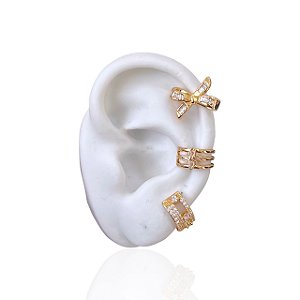 Kit 3 Piercing Fake Folheado Ouro 18k e Prata 925 Laço Cravejado