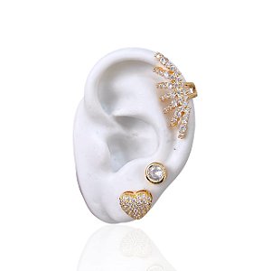 Kit 1 Piercing Fake e Brincos Folheado Ouro 18k e Prata 925 Leque Cravejado