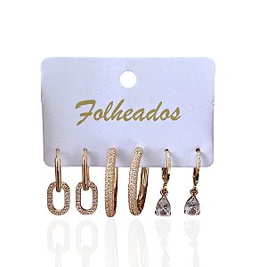 Trio Brincos Folheado Ouro 18k e Prata 925 Argolas Cravejado