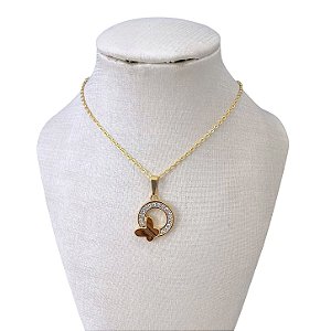 Colar Folheado Ouro 18k e Prata 925 Mandala Borboleta Strass