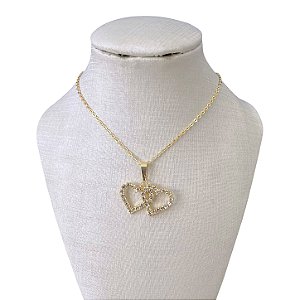 Colar Folheado Ouro 18k Dois Corações Strass