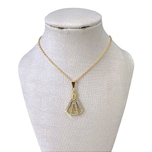 Colar Folheado Ouro 18k Nossa Senhora Vazada Strass