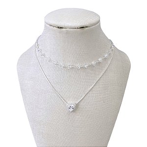 Choker Dupla Folheada Prata 925 Cristais Coração Cravejado