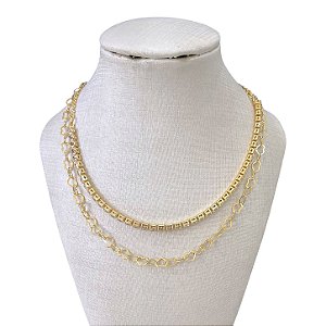 Colar Duplo Folheado Ouro 18k Riviera Elos Corações