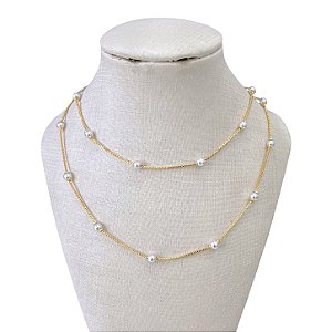 Colar Duplo Folheado Ouro 18k Mini Bolinhas Pérolas