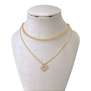 Colar Duplo Folheado Ouro 18k Riviera Coração Cravejado