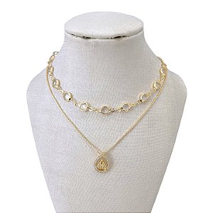 Colar Duplo Folheado Ouro 18k Ponto de Luz Nossa Senhora Cravejada