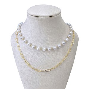 Colar Duplo Folheado Ouro 18k Bolinhas Pérolas Elos