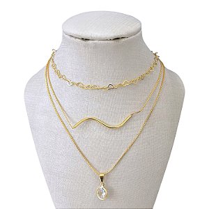 Colar Triplo Folheado Ouro 18k e Prata 925 Elos Corações Ondulado Ponto de Luz