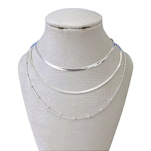 Colar Triplo Folheado Prata 925 Fita Laminada Bolinhas