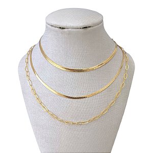 Colar Triplo Folheado Ouro 18k Fita Laminada Elos