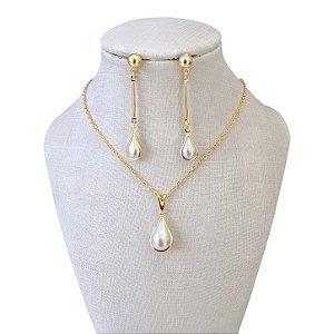 Conjunto Folheado Ouro 18k Gota Pérola