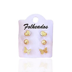 Trio Brincos Folheado Ouro 18k Formatos Trabalhados