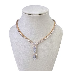 Colar Folheado Ouro 18k Riviera Triangulo Gotas Cravejada