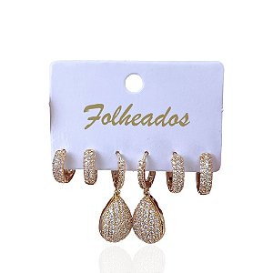 Trio Brincos Folheado Ouro 18k e Prata 925 Argola Gota Cravejada