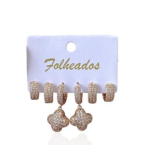 Trio Brincos Folheado Ouro 18k e Prata 925 Argola Trevo Cravejada