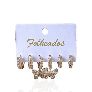 Trio Brincos Folheado Ouro 18k e Prata 925 Argola Borboleta Cravejada