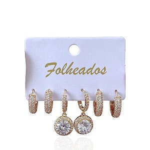 Trio Brincos Folheado Ouro 18k e Prata 925 Argola Ponto de Luz Redondo Cravejado