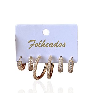 Trio Brincos Folheado Ouro 18k e Prata 925 Argolas Cravejada