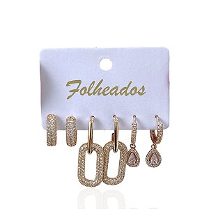 Trio Brincos Folheado Ouro 18k e Prata 925 Argolas Elo Gota Cravejada