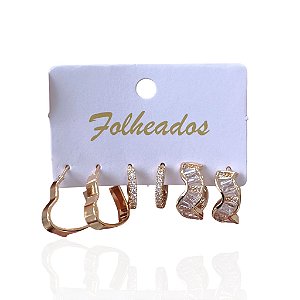 Trio Brincos Folheado Ouro 18k e Prata 925 Argolas Coração Cravejada