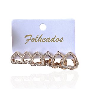 Trio Brincos Folheado Ouro 18k e Prata 925 Argola Coração Vazada Cravejada
