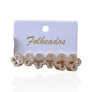 Trio Brincos Folheado Ouro 18k e Prata 925 Argola Trevo Vazado Cravejado