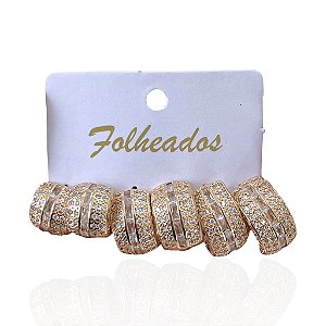 Trio Brincos Folheado Ouro 18k e Prata 925 Argola Cravejada