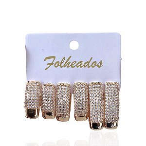 Trio Brincos Folheado Ouro 18k e Prata 925 Argola Quadrado Comprido Cravejado