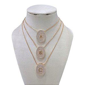 Colar Folheado Ouro 18k e Prata 925 Letra Inicial Oval Cravejada