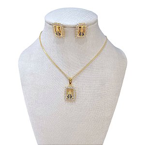 Conjunto Folheado Ouro 18k e Prata 925 Nossa Senhora Cravejada quadrado Mini