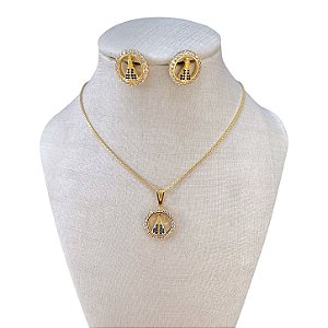 Conjunto Folheado Ouro 18k e Prata 925 Nossa Senhora Cravejada Redondo Mini