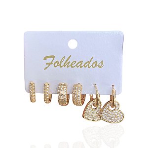 Trio Brincos Folheado Ouro 18k e Prata 925 Argola Coração Cravejada