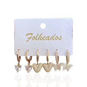 Trio Brincos Folheado Ouro 18k e Prata 925 Argola Coração Borboleta Cravejada