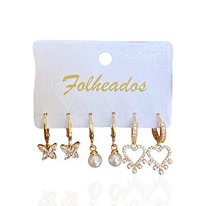 Trio Brincos Folheado Ouro 18k e Prata 925 Argola Borboleta Perola Coração Cravejada