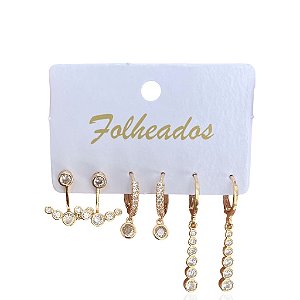 Trio Brincos Folheado Ouro 18k e Prata 925 Argola Ponto de Luz Cravejado