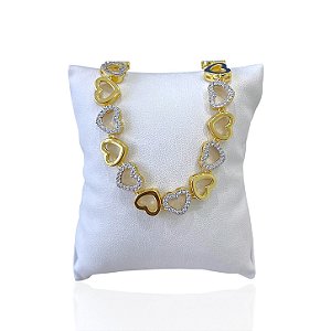 Pulseira Folheada Ouro 18k e Prata 925 Corações Vazado Cravejado