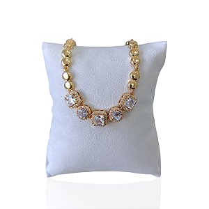 Pulseira Folheada Ouro 18k e Prata 925 Bolinha Quadrado Cravejado