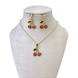 Conjunto Folheado Ouro 18k e Prata 925 Cereja Strass