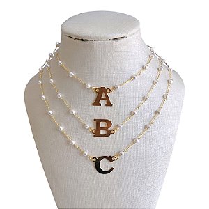 Colar Folheada Ouro 18k Letra Inicial Pérolas