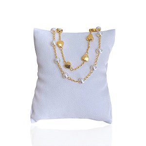 Pulseira Folheada Ouro 18k Dupla Corações Bolinhas Pérolas