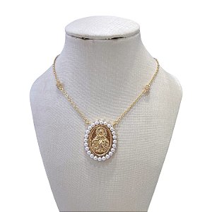 Colar Folheado Ouro 18k e Prata 925 Nossa Senhora Cravejada Pérolas