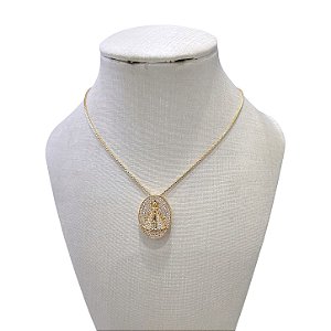 Colar Folheado Ouro 18k e Prata 925 Nossa Senhora Cravejada