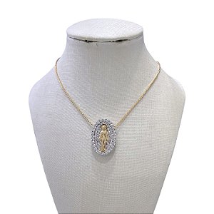 Colar Folheado Ouro 18k e Prata 925 Nossa Senhora das Graças Cravejada