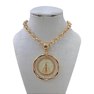 Colar Folheado Ouro 18k Correntaria Nossa Senhora Mandala Madrepérola