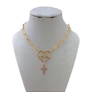 Colar Folheado Ouro 18k Correntaria Coração Fé Cravejado