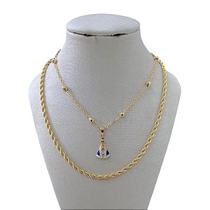 Colar Duplo Folheado Ouro 18k Cordão Baiano Bolinhas Nossa Senhora