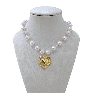 Colar Folheado Ouro 18k Pérolas Coração Strass